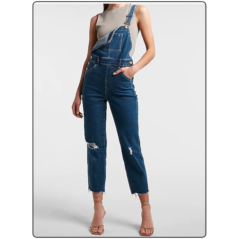 Medium Wash Ripped Straight Jean Overalls